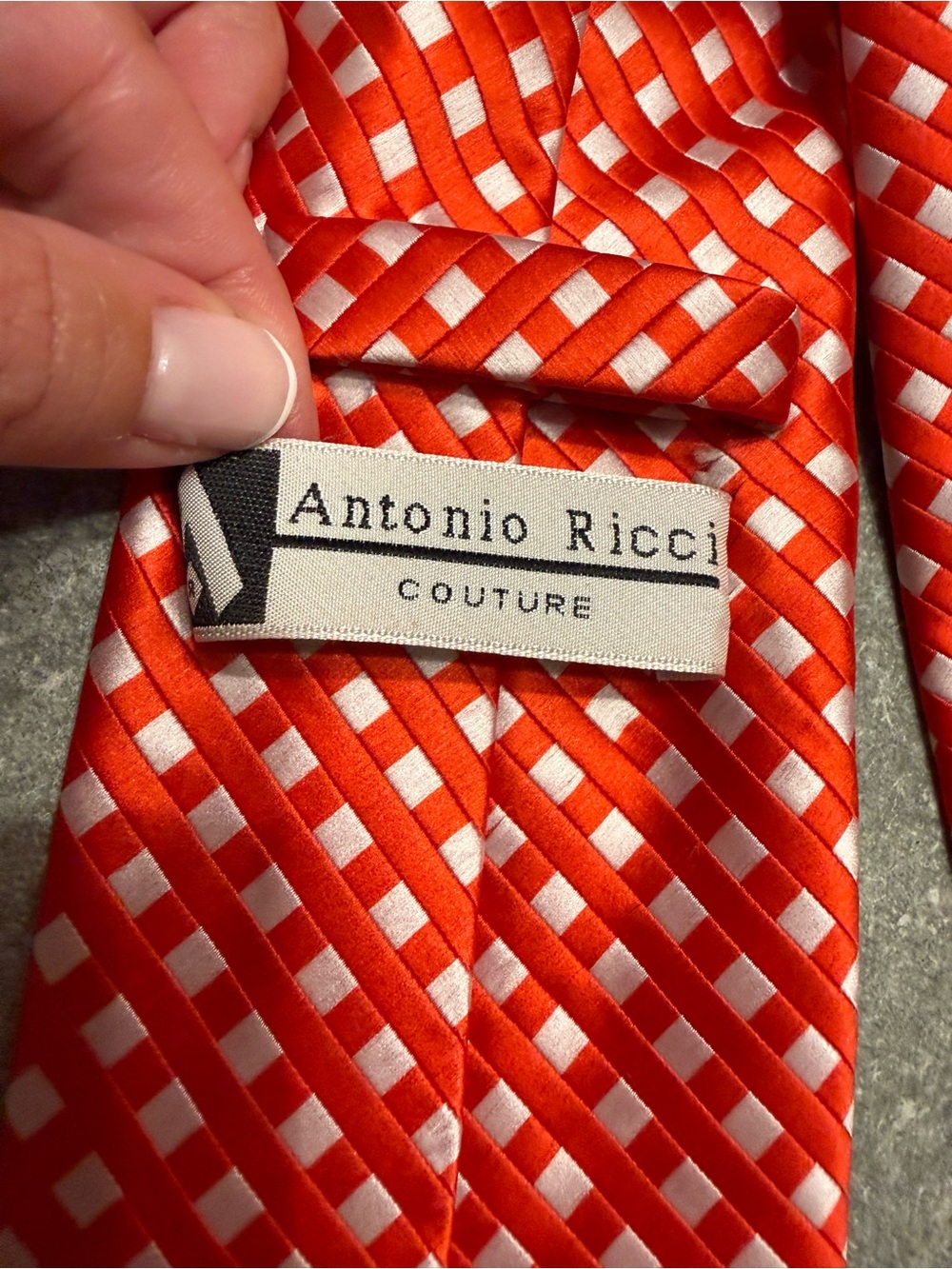 EUC Antonio Ricci Couture necktie red-orange and white woven checkered pattern